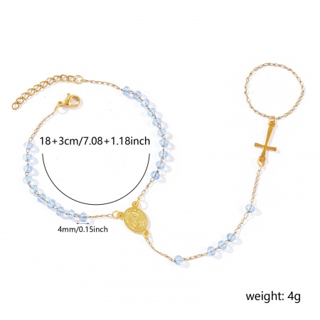 Bild von Großhandel Kreuz Heilige Maria Mutter Gottes Blau Plastik & 304 Edelstahl Perlenkette Handkette mit Ring Sklavenarmband, 18K Vergoldet Umweltfreundliche Vakuumbeschichtung, Frauen Religiös Retro Geschenk Schmuckbedarf, 18cm + 3cm lang, 1 Strang