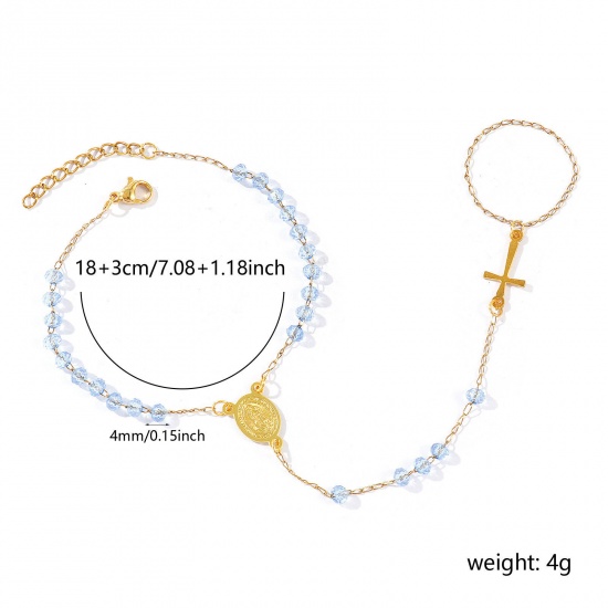 Image de Bracelet Esclave Chaîne à Main En Gros Plaqué Or 18K en Plastique & 304 Acier Inoxydable, Croix Sainte Vierge Marie Bleu Chaîne Perlée Placage Sous Vide Écologique, aux Femmes Religieux Vintage Cadeau Fournitures de Bijoux 18cm + 3cm long, 1 Pièce