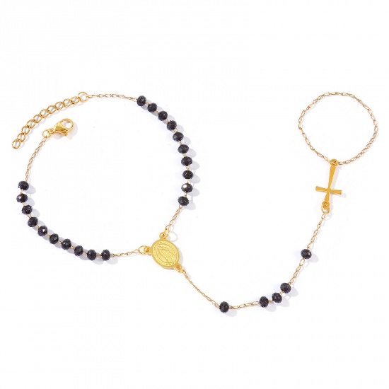 Image de Bracelet Esclave Chaîne à Main En Gros Plaqué Or 18K en Plastique & 304 Acier Inoxydable, Croix Sainte Vierge Marie Noir Chaîne Perlée Placage Sous Vide Écologique, aux Femmes Religieux Vintage Cadeau Fournitures de Bijoux 18cm + 3cm long, 1 Pièce