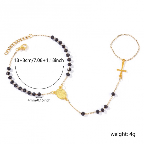 Image de Bracelet Esclave Chaîne à Main En Gros Plaqué Or 18K en Plastique & 304 Acier Inoxydable, Croix Sainte Vierge Marie Noir Chaîne Perlée Placage Sous Vide Écologique, aux Femmes Religieux Vintage Cadeau Fournitures de Bijoux 18cm + 3cm long, 1 Pièce