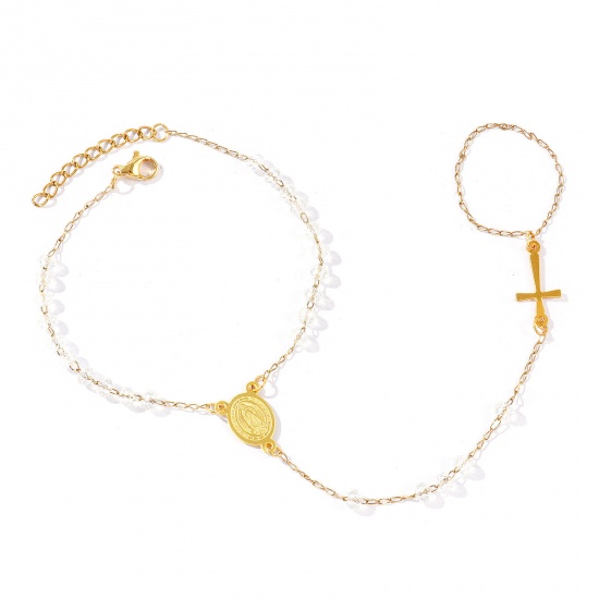 Image de Bracelet Esclave Chaîne à Main En Gros Plaqué Or 18K en Plastique & 304 Acier Inoxydable, Croix Sainte Vierge Marie Transparent Chaîne Perlée Placage Sous Vide Écologique, aux Femmes Religieux Vintage Cadeau Fournitures de Bijoux 18cm + 3cm long, 1 Pièce