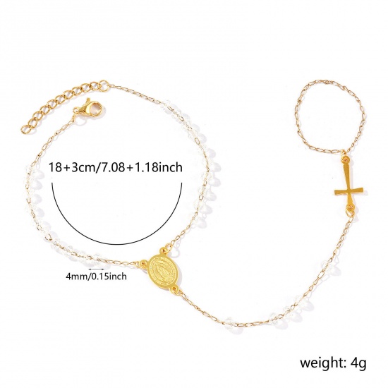 Image de Bracelet Esclave Chaîne à Main En Gros Plaqué Or 18K en Plastique & 304 Acier Inoxydable, Croix Sainte Vierge Marie Transparent Chaîne Perlée Placage Sous Vide Écologique, aux Femmes Religieux Vintage Cadeau Fournitures de Bijoux 18cm + 3cm long, 1 Pièce