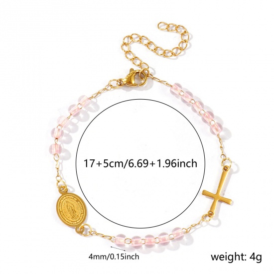 Picture of Wholesale Cross Virgin Mary Pink Plastic & 304 Stainless Steel Beaded Chain Bracelets, 18K Gold Plated Eco-friendly Vacuum Plating, Women's Religious Retro Gift Jewelry Supply, 17cm(6.7") + 5cm(2") long, 1 Piece