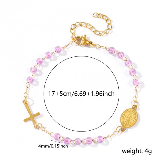 Picture of Wholesale Cross Virgin Mary Purple Plastic & 304 Stainless Steel Beaded Chain Bracelets, 18K Gold Plated Eco-friendly Vacuum Plating, Women's Religious Retro Gift Jewelry Supply, 17cm(6.7") + 5cm(2") long, 1 Piece