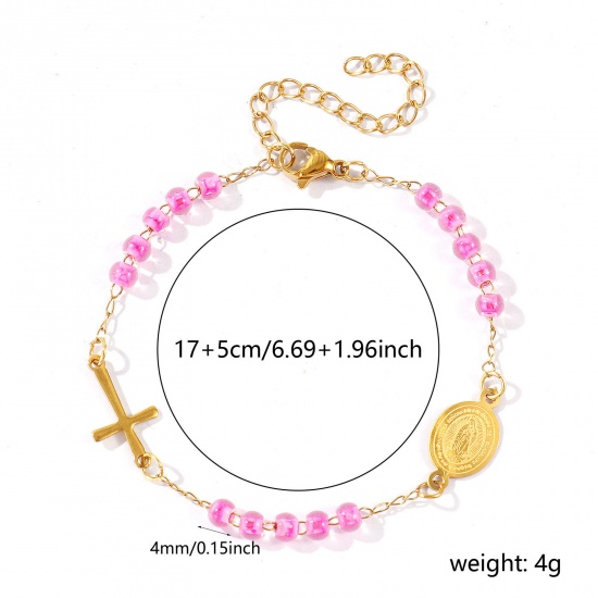 Picture of Wholesale Cross Virgin Mary Hot Pink Plastic & 304 Stainless Steel Beaded Chain Bracelets, 18K Gold Plated Eco-friendly Vacuum Plating, Women's Religious Retro Gift Jewelry Supply, 17cm(6.7") + 5cm(2") long, 1 Piece
