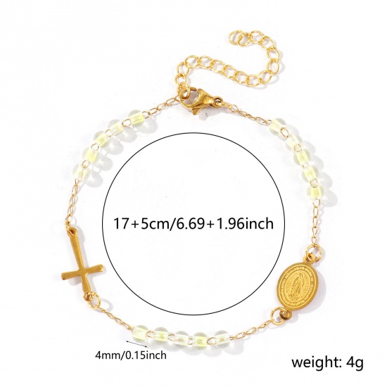Picture of Wholesale Cross Virgin Mary Yellow Plastic & 304 Stainless Steel Beaded Chain Bracelets, 18K Gold Plated Eco-friendly Vacuum Plating, Women's Religious Retro Gift Jewelry Supply, 17cm(6.7") + 5cm(2") long, 1 Piece