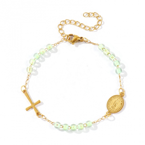 Picture of Wholesale Cross Virgin Mary Light Green Plastic & 304 Stainless Steel Beaded Chain Bracelets, 18K Gold Plated Eco-friendly Vacuum Plating, Women's Religious Retro Gift Jewelry Supply, 17cm(6.7") + 5cm(2") long, 1 Piece