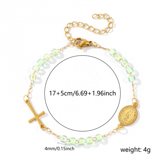 Picture of Wholesale Cross Virgin Mary Light Green Plastic & 304 Stainless Steel Beaded Chain Bracelets, 18K Gold Plated Eco-friendly Vacuum Plating, Women's Religious Retro Gift Jewelry Supply, 17cm(6.7") + 5cm(2") long, 1 Piece