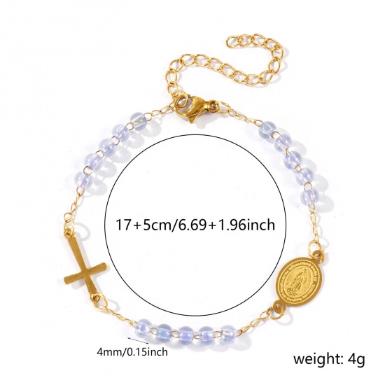 Picture of Wholesale Cross Virgin Mary Blue Plastic & 304 Stainless Steel Beaded Chain Bracelets, 18K Gold Plated Eco-friendly Vacuum Plating, Women's Religious Retro Gift Jewelry Supply, 17cm(6.7") + 5cm(2") long, 1 Piece