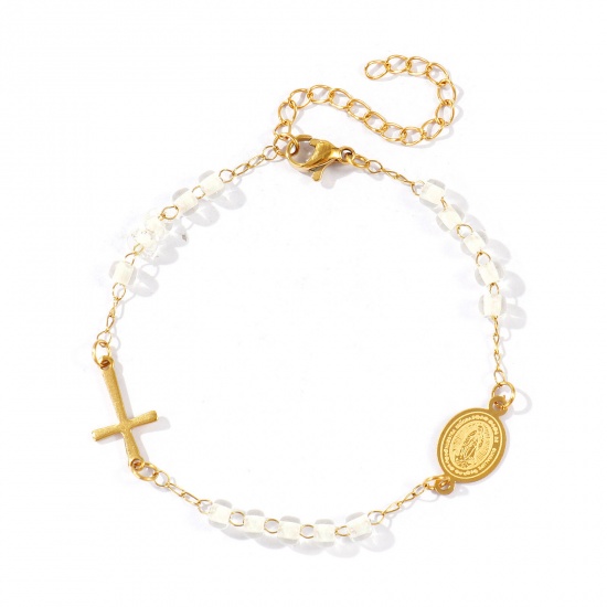 Picture of Wholesale Cross Virgin Mary White Plastic & 304 Stainless Steel Beaded Chain Bracelets, 18K Gold Plated Eco-friendly Vacuum Plating, Women's Religious Retro Gift Jewelry Supply, 17cm(6.7") + 5cm(2") long, 1 Piece