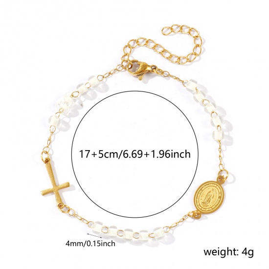 Picture of Wholesale Cross Virgin Mary White Plastic & 304 Stainless Steel Beaded Chain Bracelets, 18K Gold Plated Eco-friendly Vacuum Plating, Women's Religious Retro Gift Jewelry Supply, 17cm(6.7") + 5cm(2") long, 1 Piece