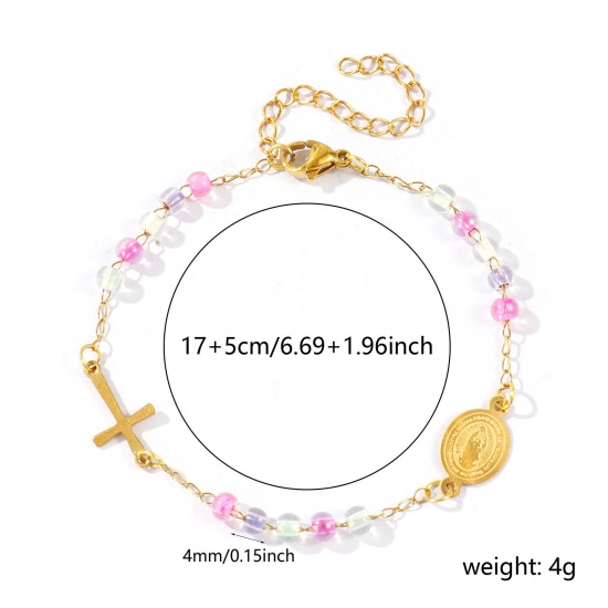 Picture of Wholesale Cross Virgin Mary Multicolor Plastic & 304 Stainless Steel Beaded Chain Bracelets, 18K Gold Plated Eco-friendly Vacuum Plating, Women's Religious Retro Gift Jewelry Supply, 17cm(6.7") + 5cm(2") long, 1 Piece