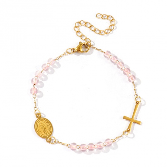 Picture of Wholesale Cross Virgin Mary Light Pink Plastic & 304 Stainless Steel Beaded Chain Anklet, 18K Gold Plated Vacuum Plating, Women's Religious Retro Gift Jewelry Supply, 22cm(8.7") + 5cm(2") long, 1 Piece