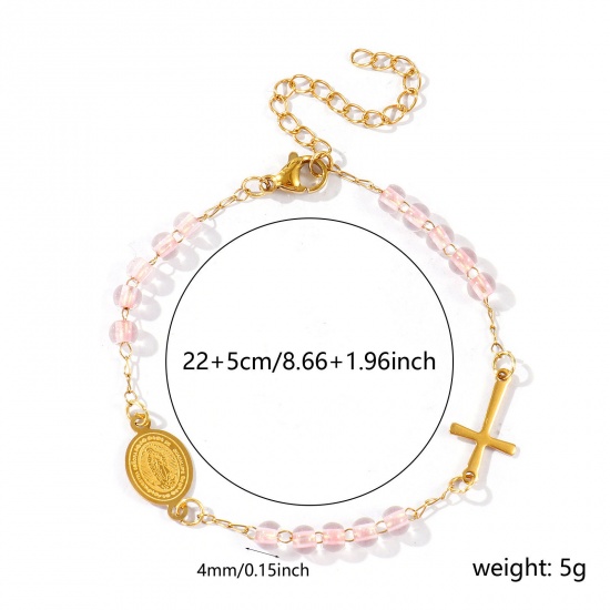 Picture of Wholesale Cross Virgin Mary Light Pink Plastic & 304 Stainless Steel Beaded Chain Anklet, 18K Gold Plated Vacuum Plating, Women's Religious Retro Gift Jewelry Supply, 22cm(8.7") + 5cm(2") long, 1 Piece