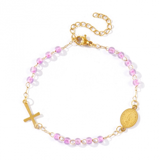 Picture of Wholesale Cross Virgin Mary Purple Plastic & 304 Stainless Steel Beaded Chain Anklet, 18K Gold Plated Vacuum Plating, Women's Religious Retro Gift Jewelry Supply, 22cm(8.7") + 5cm(2") long, 1 Piece