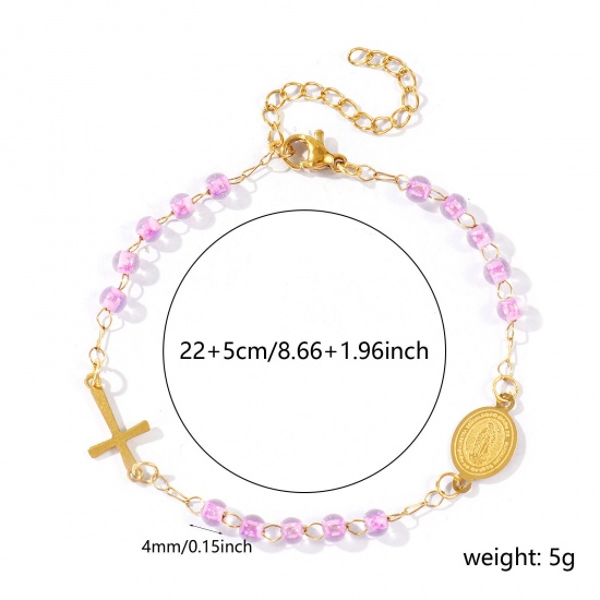 Picture of Wholesale Cross Virgin Mary Purple Plastic & 304 Stainless Steel Beaded Chain Anklet, 18K Gold Plated Vacuum Plating, Women's Religious Retro Gift Jewelry Supply, 22cm(8.7") + 5cm(2") long, 1 Piece