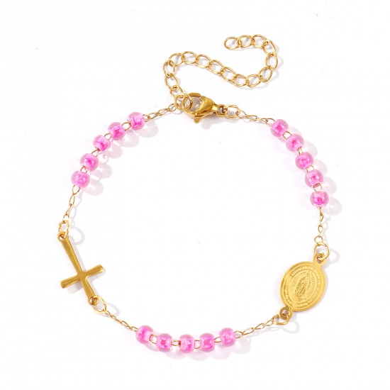 Picture of Wholesale Cross Virgin Mary Hot Pink Plastic & 304 Stainless Steel Beaded Chain Anklet, 18K Gold Plated Vacuum Plating, Women's Religious Retro Gift Jewelry Supply, 22cm(8.7") + 5cm(2") long, 1 Piece