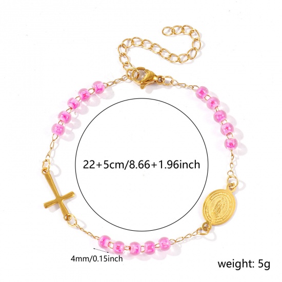Picture of Wholesale Cross Virgin Mary Hot Pink Plastic & 304 Stainless Steel Beaded Chain Anklet, 18K Gold Plated Vacuum Plating, Women's Religious Retro Gift Jewelry Supply, 22cm(8.7") + 5cm(2") long, 1 Piece
