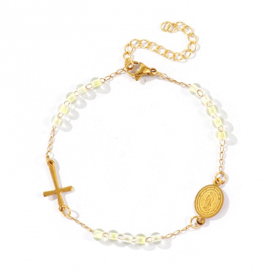 Picture of Wholesale Cross Virgin Mary Yellow Plastic & 304 Stainless Steel Beaded Chain Anklet, 18K Gold Plated Vacuum Plating, Women's Religious Retro Gift Jewelry Supply, 22cm(8.7") + 5cm(2") long, 1 Piece