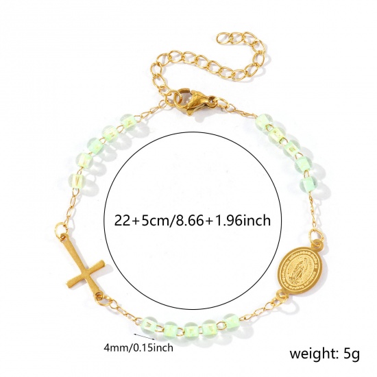 Picture of Wholesale Cross Virgin Mary Light Green Plastic & 304 Stainless Steel Beaded Chain Anklet, 18K Gold Plated Vacuum Plating, Women's Religious Retro Gift Jewelry Supply, 22cm(8.7") + 5cm(2") long, 1 Piece