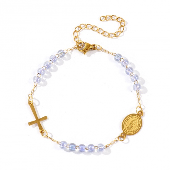 Picture of Wholesale Cross Virgin Mary Blue Violet Plastic & 304 Stainless Steel Beaded Chain Anklet, 18K Gold Plated Vacuum Plating, Women's Religious Retro Gift Jewelry Supply, 22cm(8.7") + 5cm(2") long, 1 Piece
