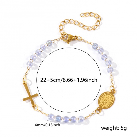 Picture of Wholesale Cross Virgin Mary Blue Violet Plastic & 304 Stainless Steel Beaded Chain Anklet, 18K Gold Plated Vacuum Plating, Women's Religious Retro Gift Jewelry Supply, 22cm(8.7") + 5cm(2") long, 1 Piece