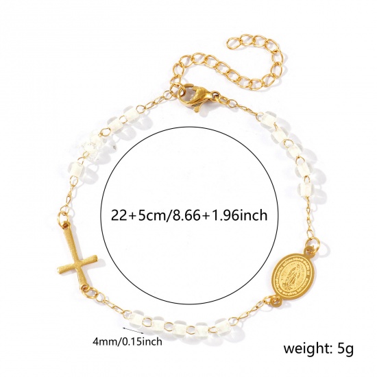 Picture of Wholesale Cross Virgin Mary White Plastic & 304 Stainless Steel Beaded Chain Anklet, 18K Gold Plated Vacuum Plating, Women's Religious Retro Gift Jewelry Supply, 22cm(8.7") + 5cm(2") long, 1 Piece