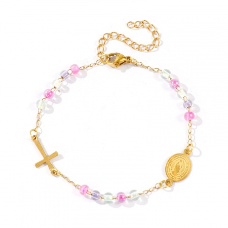 Picture of Wholesale Cross Virgin Mary Multicolor Plastic & 304 Stainless Steel Beaded Chain Anklet, 18K Gold Plated Vacuum Plating, Women's Religious Retro Gift Jewelry Supply, 22cm(8.7") + 5cm(2") long, 1 Piece