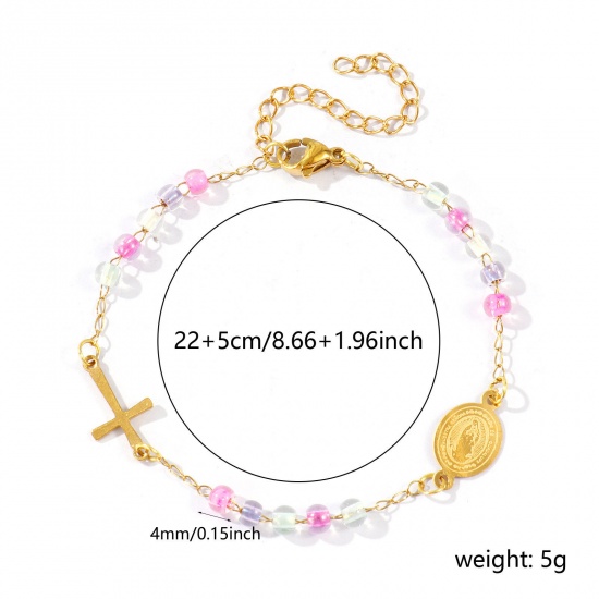 Picture of Wholesale Cross Virgin Mary Multicolor Plastic & 304 Stainless Steel Beaded Chain Anklet, 18K Gold Plated Vacuum Plating, Women's Religious Retro Gift Jewelry Supply, 22cm(8.7") + 5cm(2") long, 1 Piece