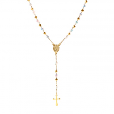 Picture of Wholesale Cross Virgin Mary Blue Prayer Beads Rosary Necklace, Gold Plated Plastic & 304 Stainless Steel Beaded Chain, Women's Eco-friendly Religious Retro Gift Jewelry For Retailer, 50cm x 1 Piece