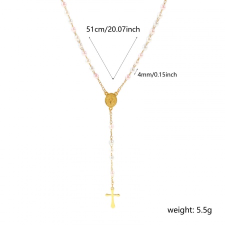 Bild von Großhandel Kreuz Heilige Maria Mutter Gottes Rosa Gebetsperlen Rosenkranz Halskette, Vergoldet Plastik & 304 Edelstahl Perlenkette, Frauen Umweltfreundlich Religiös Retro Geschenk Schmuck für Einzelhändler, 51cm x 1 Strang