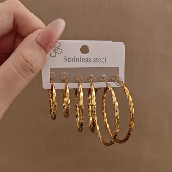 Picture of Wholesale Classic Simple & Casual Hoop Earrings Set, 18K Gold Plated 304 Stainless Steel, Women's Gift Jewelry Supply, 1 Pack ( 6 PCs/Set)