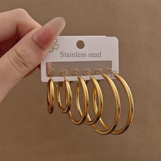 Picture of Wholesale Classic Simple & Casual Hoop Earrings Set, 18K Gold Plated 304 Stainless Steel, Women's Gift Jewelry Supply, 1 Pack ( 6 PCs/Set)