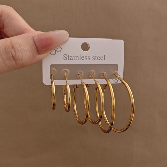 Picture of Wholesale Classic Simple & Casual Hoop Earrings Set, 18K Gold Plated 304 Stainless Steel, Women's Gift Jewelry Supply, 1 Pack ( 6 PCs/Set)
