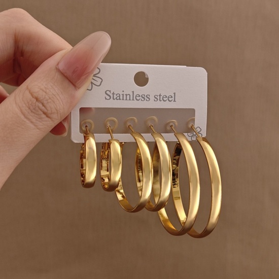 Picture of Wholesale Classic Simple & Casual Hoop Earrings Set, 18K Gold Plated 304 Stainless Steel, Women's Gift Jewelry Supply, 1 Pack ( 6 PCs/Set)