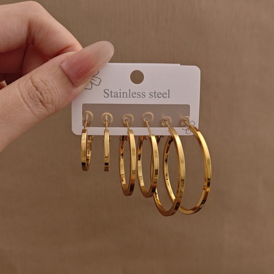 Picture of Wholesale Classic Simple & Casual Hoop Earrings Set, 18K Gold Plated 304 Stainless Steel, Women's Gift Jewelry Supply, 1 Pack ( 6 PCs/Set)
