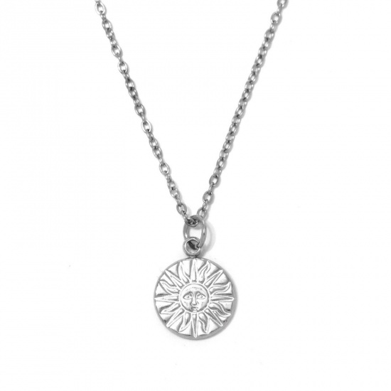 Picture of Wholesale Round Pendant Charm Necklace, Silver Tone 304 Stainless Steel Link Cable Chain, Women's Stylish & Casual Minimalist Gift Jewelry For Retailer, 40cm(15.7") + 5cm(2") long, 1 Piece