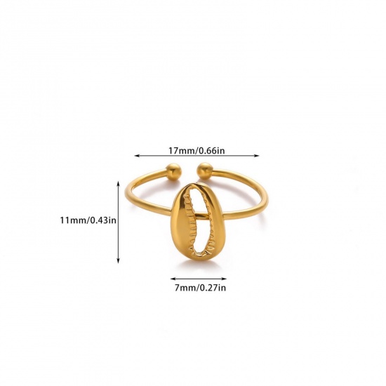 Bild von Großhandel Frauen Geschenk Muschel Offen Ring, 18K Echtgold plattiert 304 Edelstahl, PVD Ozean Schmuck Süß Schmuckbedarf, 18mm (US Größe 7.75), 1 Stück