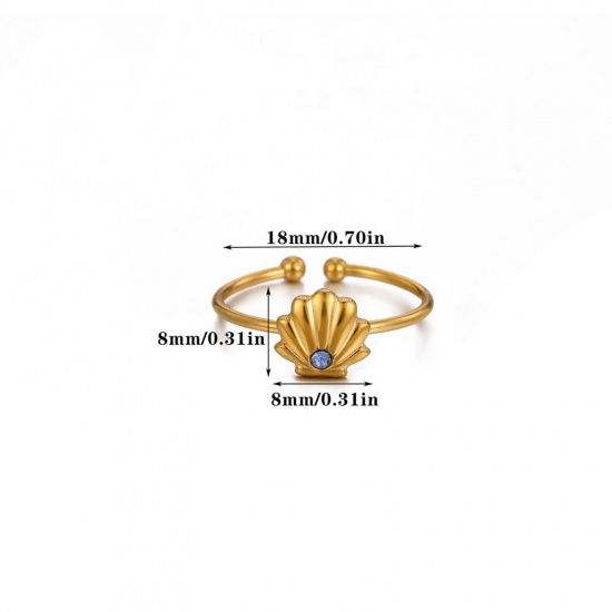Bild von Großhandel Frauen Geschenk Muschel Offen Ring, 18K Echtgold plattiert 304 Edelstahl, PVD Ozean Schmuck Süß Schmuckbedarf, 18mm (US Größe 7.75), 1 Stück