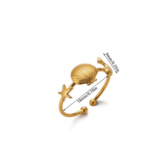 Bild von Großhandel Frauen Geschenk Seesterne Muschelschale Offen Ring, 18K Echtgold plattiert 304 Edelstahl, PVD Ozean Schmuck Süß Schmuckbedarf, 18mm (US Größe 7.75), 1 Stück