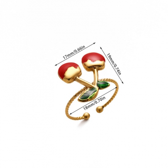 Bild von Großhandel Frauen Geschenk Kirsche Emaille Offen Ring, 18K Echtgold plattiert 304 Edelstahl, PVD Stilvoll & lässig Süß Schmuckbedarf, 18mm (US Größe 7.75), 1 Stück