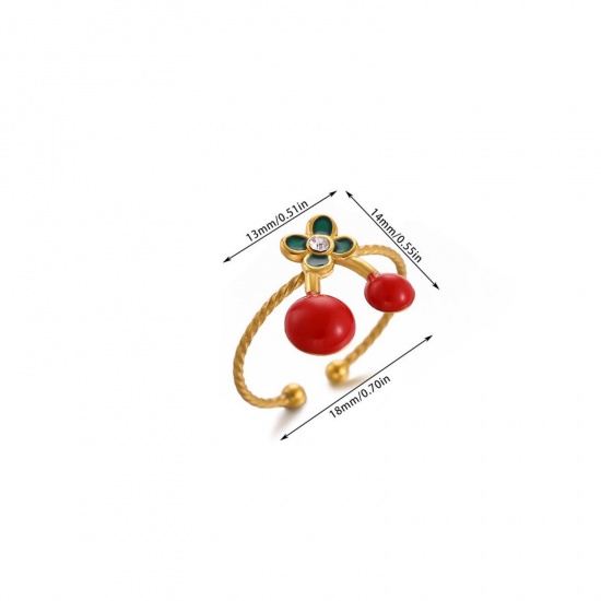 Bild von Großhandel Frauen Geschenk Kirsche Emaille Offen Ring, 18K Echtgold plattiert 304 Edelstahl, PVD Stilvoll & lässig Süß Schmuckbedarf, 18mm (US Größe 7.75), 1 Stück
