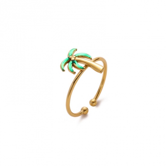 Bild von Großhandel Frauen Geschenk Kokospalme Emaille Offen Ring, 18K Echtgold plattiert 304 Edelstahl, PVD Stilvoll & lässig Süß Schmuckbedarf, 18mm (US Größe 7.75), 1 Stück