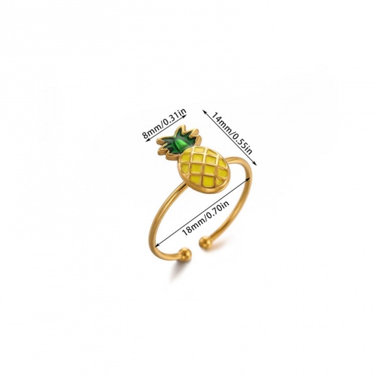 Bild von Großhandel Frauen Geschenk Ananas Emaille Offen Ring, 18K Echtgold plattiert 304 Edelstahl, PVD Stilvoll & lässig Süß Schmuckbedarf, 18mm (US Größe 7.75), 1 Stück
