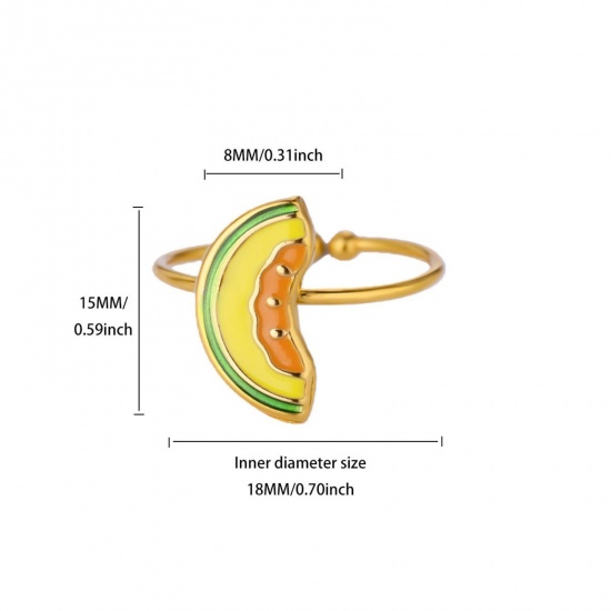 Bild von Großhandel Frauen Geschenk Wassermelone Emaille Offen Ring, 18K Echtgold plattiert 304 Edelstahl, PVD Stilvoll & lässig Süß Schmuckbedarf, 18mm (US Größe 7.75), 1 Stück