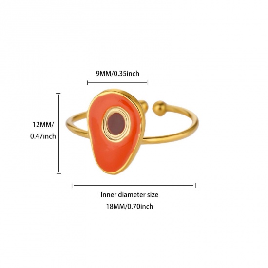 Bild von Großhandel Frauen Geschenk Avocado Emaille Offen Ring, 18K Echtgold plattiert 304 Edelstahl, PVD Stilvoll & lässig Süß Schmuckbedarf, 18mm (US Größe 7.75), 1 Stück