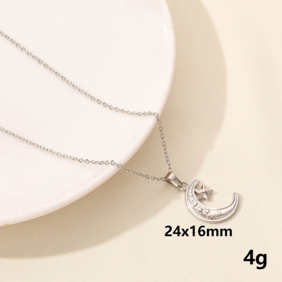 Immagine di Stella e Luna a forma di Crescente Collana con Ciondolo All'Ingrosso, Tono Argento 304 Acciaio Inossidabile Catena a Cavo, Donne Elegante & Casual Minimalista Regalo Gioielli Per Rivenditore, 40cm + 5cm Lunghezza, 1 Pz