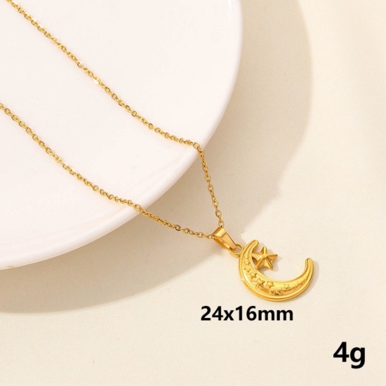 Immagine di Stella e Luna a forma di Crescente Collana con Ciondolo All'Ingrosso, Placcato Oro 18K 304 Acciaio Inossidabile Catena a Cavo, Donne PVD Elegante & Casual Minimalista Regalo Gioielli Per Rivenditore, 40cm + 5cm Lunghezza, 1 Pz