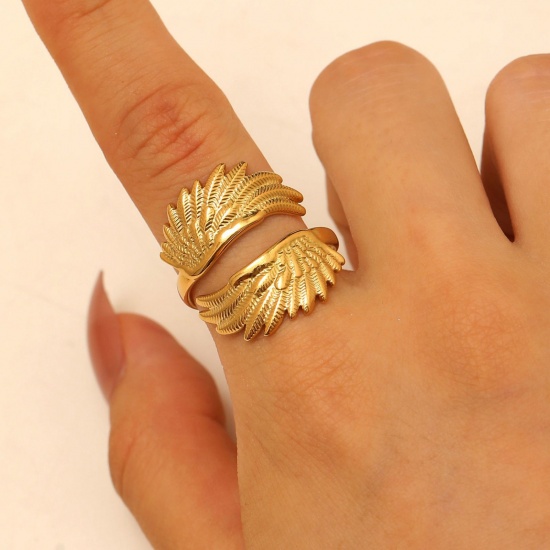 Picture of Wholesale Women's Gift Wing Open Rings, 18K Gold Plated 304 Stainless Steel, PVD Stylish & Casual Sweet & Cute Jewelry Supply, 17mm(US Size 6.5), 1 Piece
