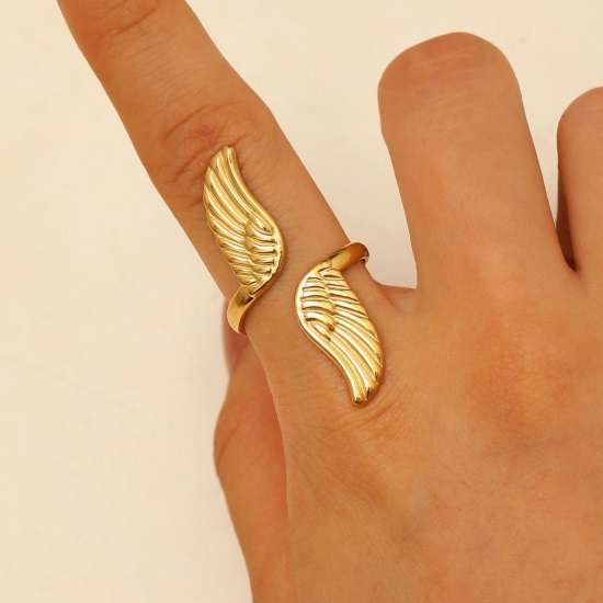 Picture of Wholesale Women's Gift Wing Open Rings, 18K Gold Plated 304 Stainless Steel, PVD Stylish & Casual Sweet & Cute Jewelry Supply, 17mm(US Size 6.5), 1 Piece